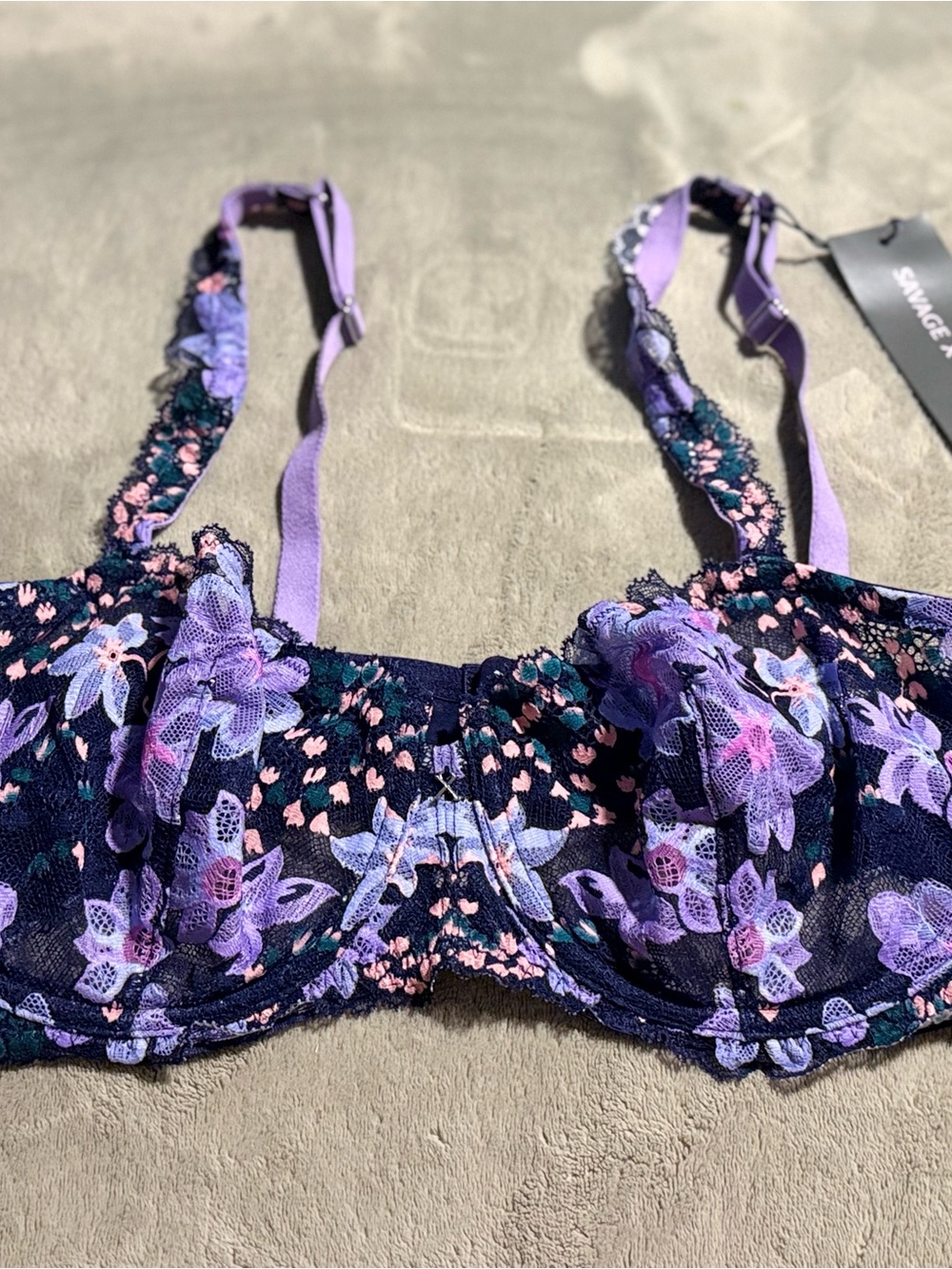 Savage X Fenty Navy and Lavender Floral Lace Underwire Bra